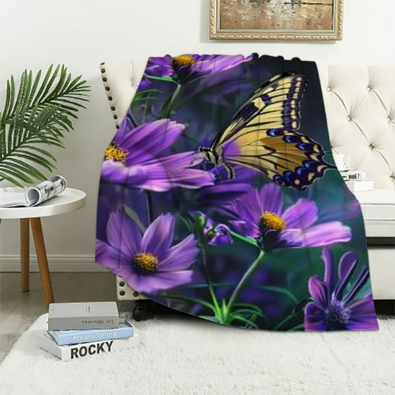 Shiartex Throw Blankets for Sofa Couch Fluffy Cozy Flannel Travel Outdoor Blanket, Summer Desk Blanket for Work Chair, Lap Blanket &amp; Pet Blanket, Home Decor- Butterflie and Flowers  40x50in