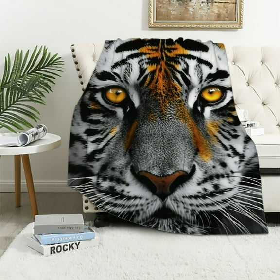 Shiartex   Tiger Blanket White Tiger Face Animal Print on Black Throw Blankets for Adults Baby, Tigers Decor Tiger Gifts for Women Men, Fluffy Flannel Soft Cozy Blanket Bedding White