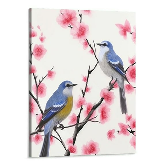 Shiartex  Traditional Chinese Painting of Birds on Peach Trees Canvas Prints Framed Peach Blossom Wall Art Plum Flowers Print Painting 16x20 Inch
