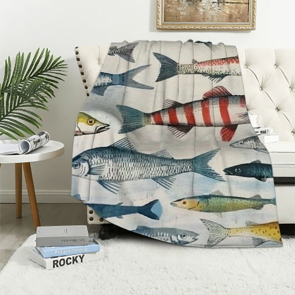 Shiartex Trendy Flannel Throw Blanket, Watercolor Few Freshwater Fish Cartilaginous Fish Marine Life Throw for Better Sleep, Warm Air Conditioning Blanket White