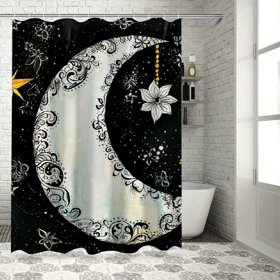 Shiartex Tribal Shower Curtain, Paisley Floral Moon Crescent Gem Astrology Inspired Design Print, Cloth Fabric Bathroom Decor Set with Hooks,Black and White