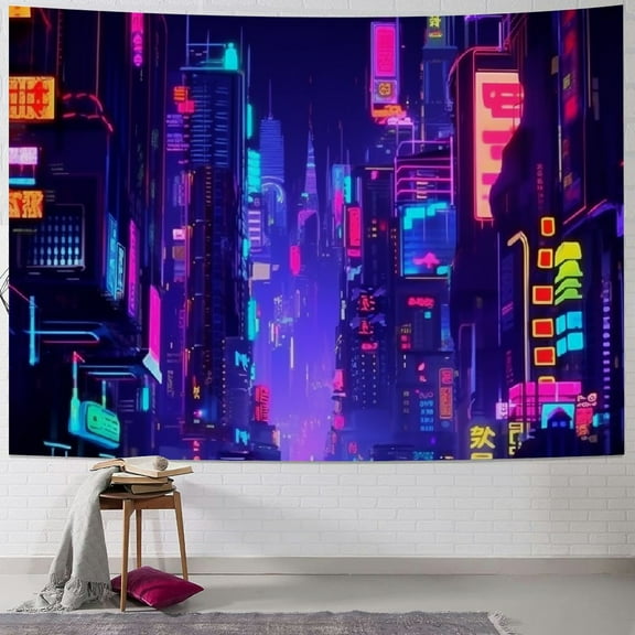 Shiartex Trippy Neon Tapestry, Retro 80S Modern Punk Night City Tapestry Wall Hanging Futuristic Japanese Tapestry, Tapestries Poster for Bedroom Aesthetic 40x30inch
