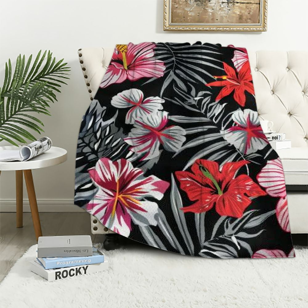 Shiartex Tropical Coral Flowers and Leaves on Black and White Hawaiian Blanket All Seasons ...