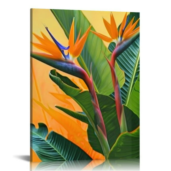 Shiartex Tropical Flower Canvas Wall Art Bird of Paradise Pictures Paintings Hawaii Themed Green Palm Leaf Home Decor Framed 16x20 in