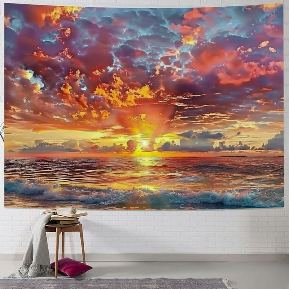 Shiartex Tropical Ocean Sunset Sea Landscape Tapestry Wall Hanging Decoration, Purple Clouds and Gloden Sunshine, Wall Tapestry for Dorm Living Room Bedroom, Wall Blanket Wall Decor  40x30inch