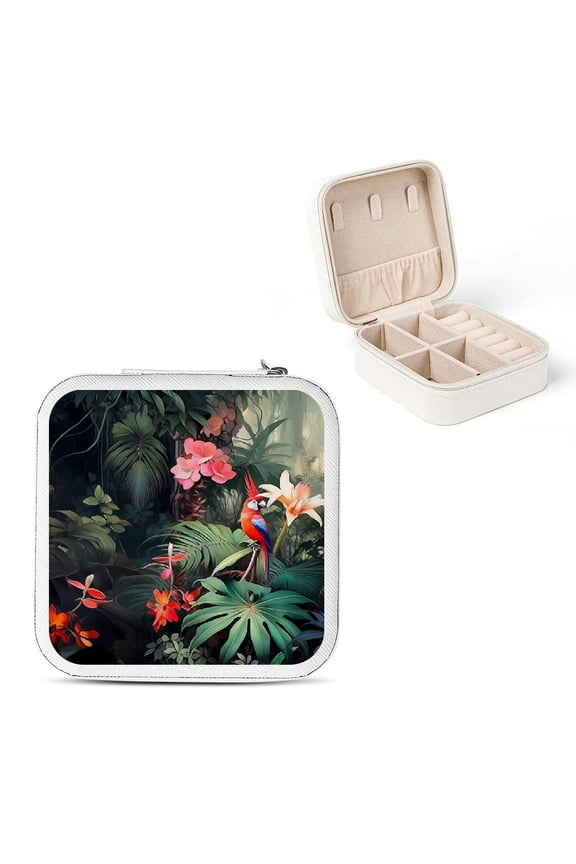 Tropical Plants Flowers Bird Jewelry Box Organizer Case for Necklace Ring Earring Storage White