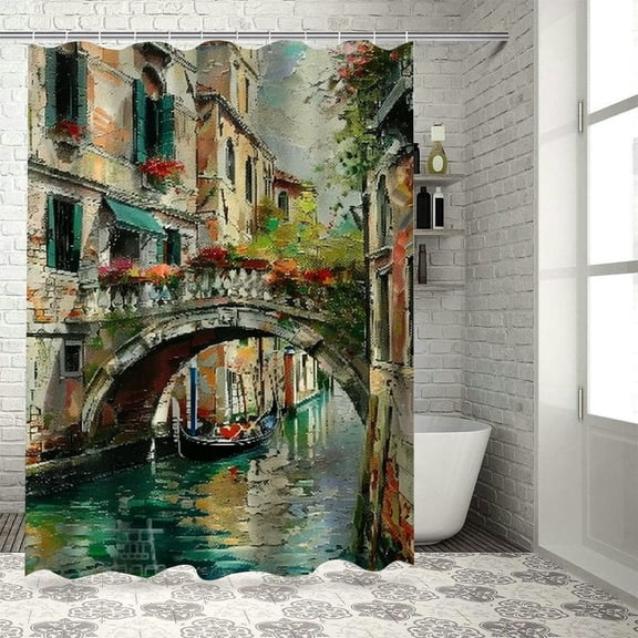 Shiartex Venice Shower Curtain, Vintage Art Painting Style Historic Venetian Landscape Print, Cloth Fabric Bathroom Decor Set with Hooks 36x72