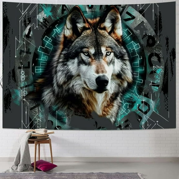 Shiartex Viking Wolf Tapestry, Wild Animal Tapestry Wall Hanging, Cool Bokeh Runes Ancient Green Psychedelic Wall Decor Tapestries Poster Blanket College Dorm Bedroom Decor Painting