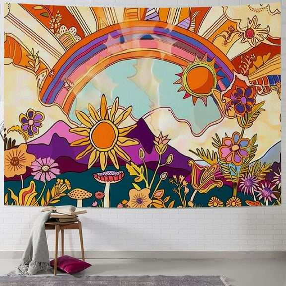 Shiartex Vintage 70s 60s Groovy Tapestry, Retro Flowers Clouds Sun and Rainbow Tapestry Wall Hanging, Orange Boho Aesthetic Tapestry for Bedroom Living Room Dorm Decor  Painting