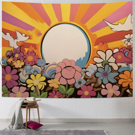 Shiartex  Vintage Floral Tapestry Bohemian Rainbow Orange Abstract Minimalist Groovy Boho Art Tapestry Home Decor Wall Hanging for Living Room Bedroom Dorm 50x40inch