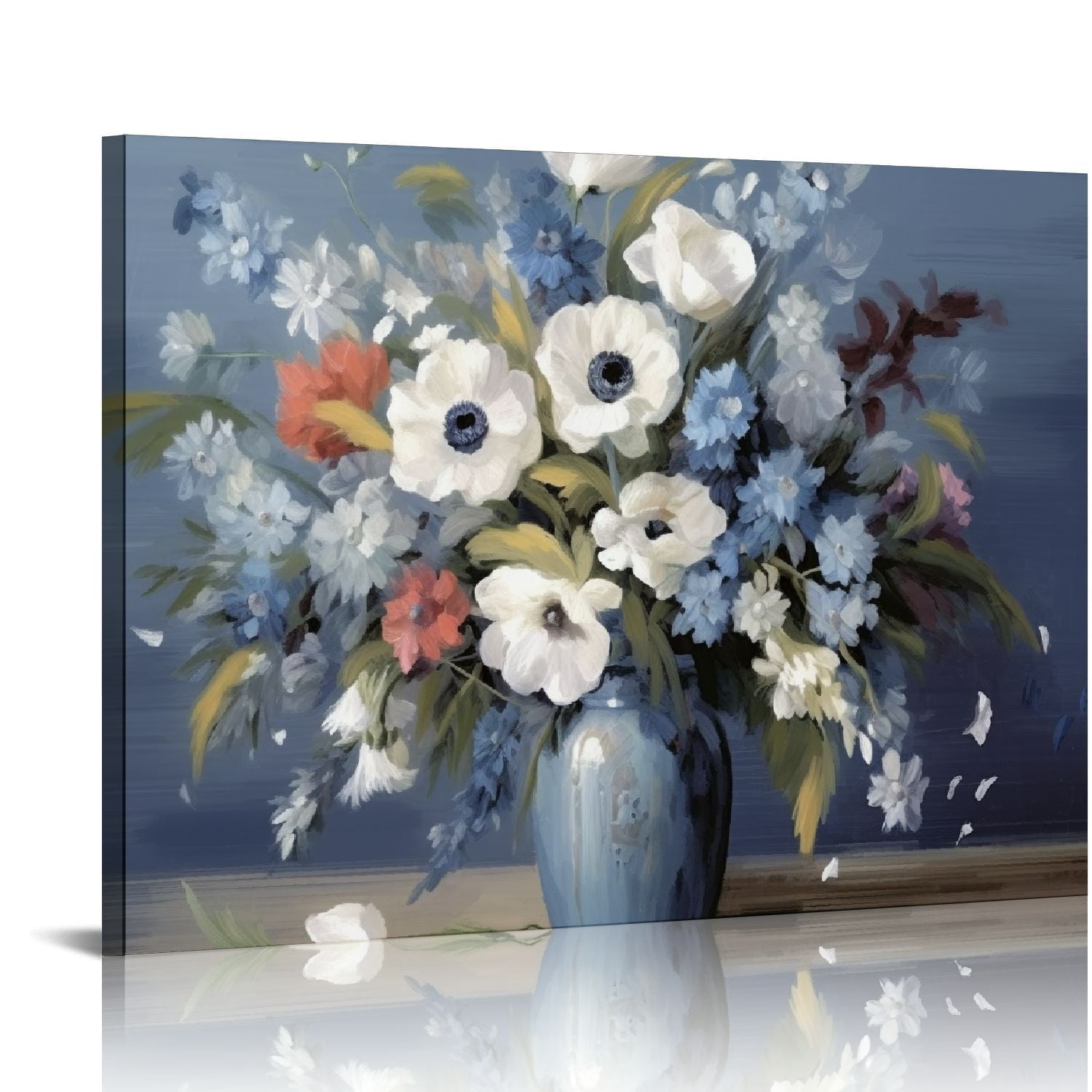 Shiartex Vintage Flowers Canvas Wall Art Blue White Blossom Canvas ...