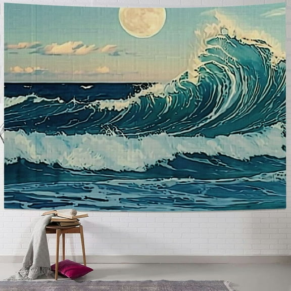 Shiartex Vintage Ocean Tapestry Wall Hanging, Vintage Blue Watercolor Sea Wave Wall Art Tapestry, Ocean Wave Wall Decoration Indian Tapestry Bedroom Aesthetics Family Dormitory Painting