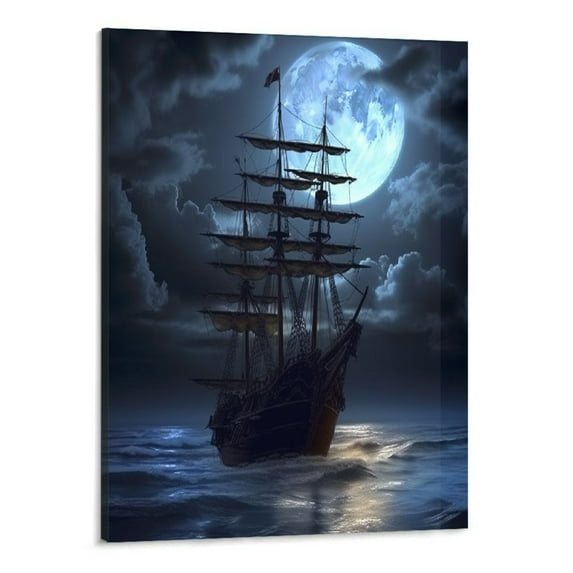 Shiartex Vintage Pirate Ship Poster Black Sea Sailing Ship Poster Canvas Wall Art Living Room Bedroom Dining Room Decor Mural (16x20 Inch,Framed)