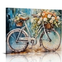 Shiartex  Wall Art Canvas Artwork Decor Navy Blue Bicycle Blooming Flower Picture Fantasy Print Teal Aqua Paintings for Bedroom Home Walls Ready to Hang 20x16 in/16x12 in