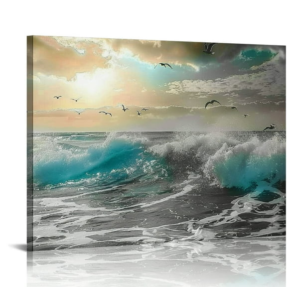 Shiartex Wall Art Canvas Ocean Decor Beach Theme Bedroom Large Sunset Blue Ocean Waves Seagulls for Interior Bathroom Wall Décor Scenery Bed Dining Room Peel And Stick Decorative 20x16 in/16x12 in