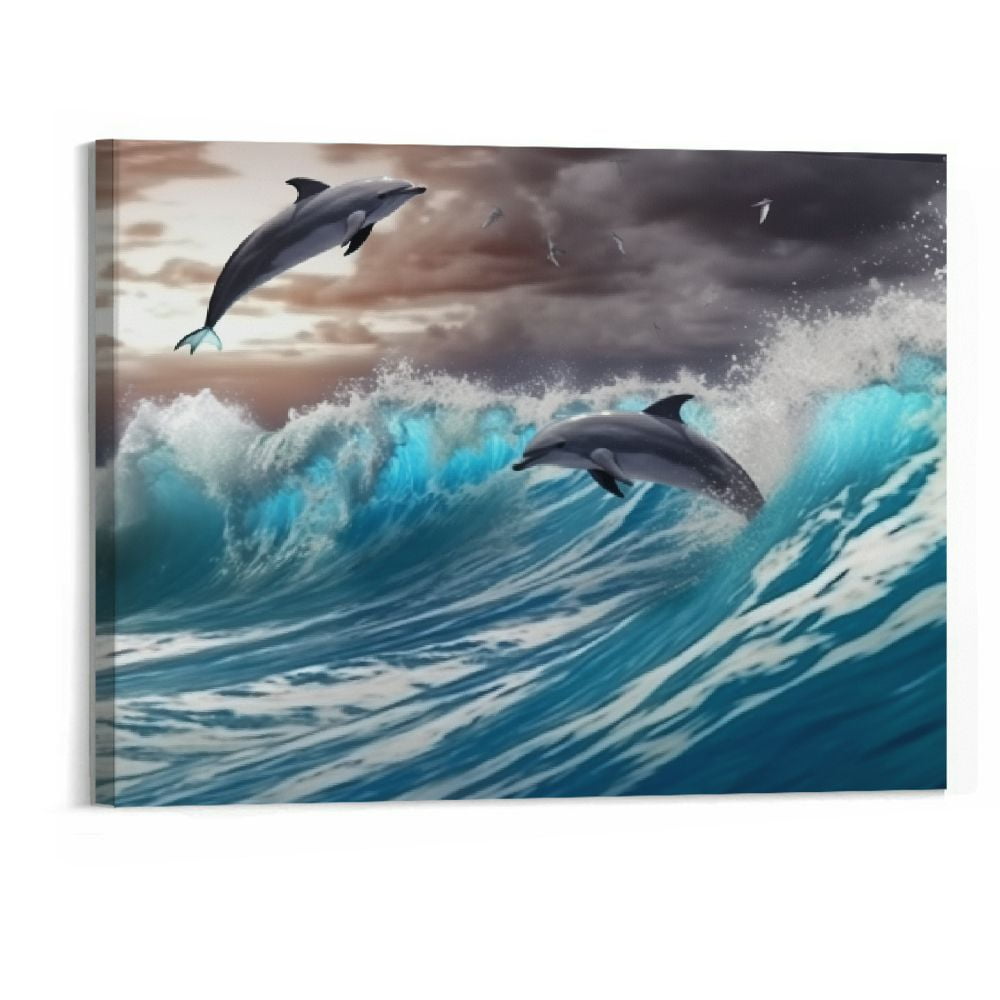 Blue Waves and Dolphins Landscape Canvas Wall Art