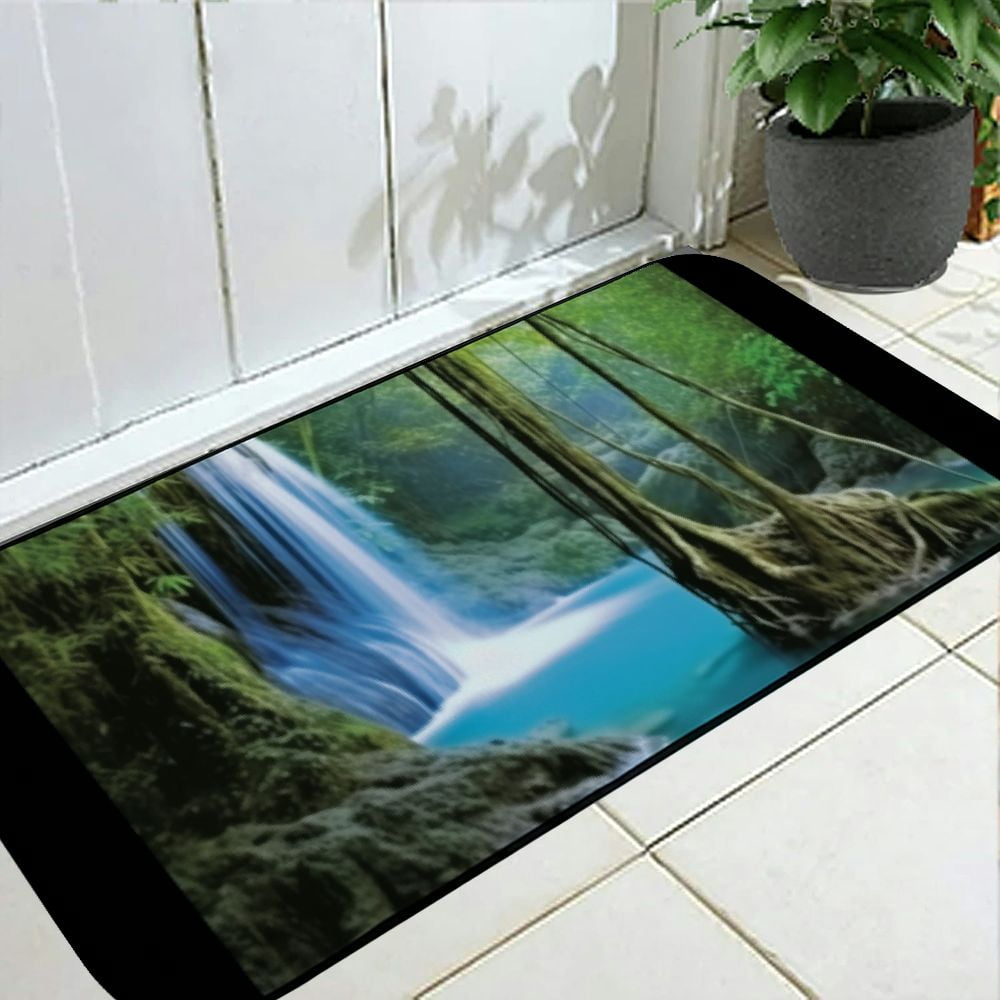 Shiartex Waterfall Forest Impressionist Painting Felt Square Floor Mat