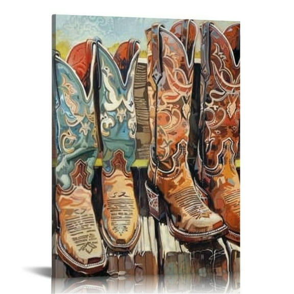 Shiartex Western Cowboy Canvas Wall Art Wild West Rodeo Cowboy Boots Painting Pictures Country Rustic Decor Ready to Hang 12x16 in