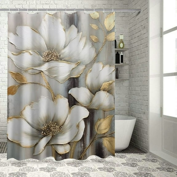 Shiartex White Flowers Modern Waterproof Shower Curtain with Hooks for Country Cottage & Farmhouse Bathroom Decor, 100% Polyester Washable Shower Curtain 36x72