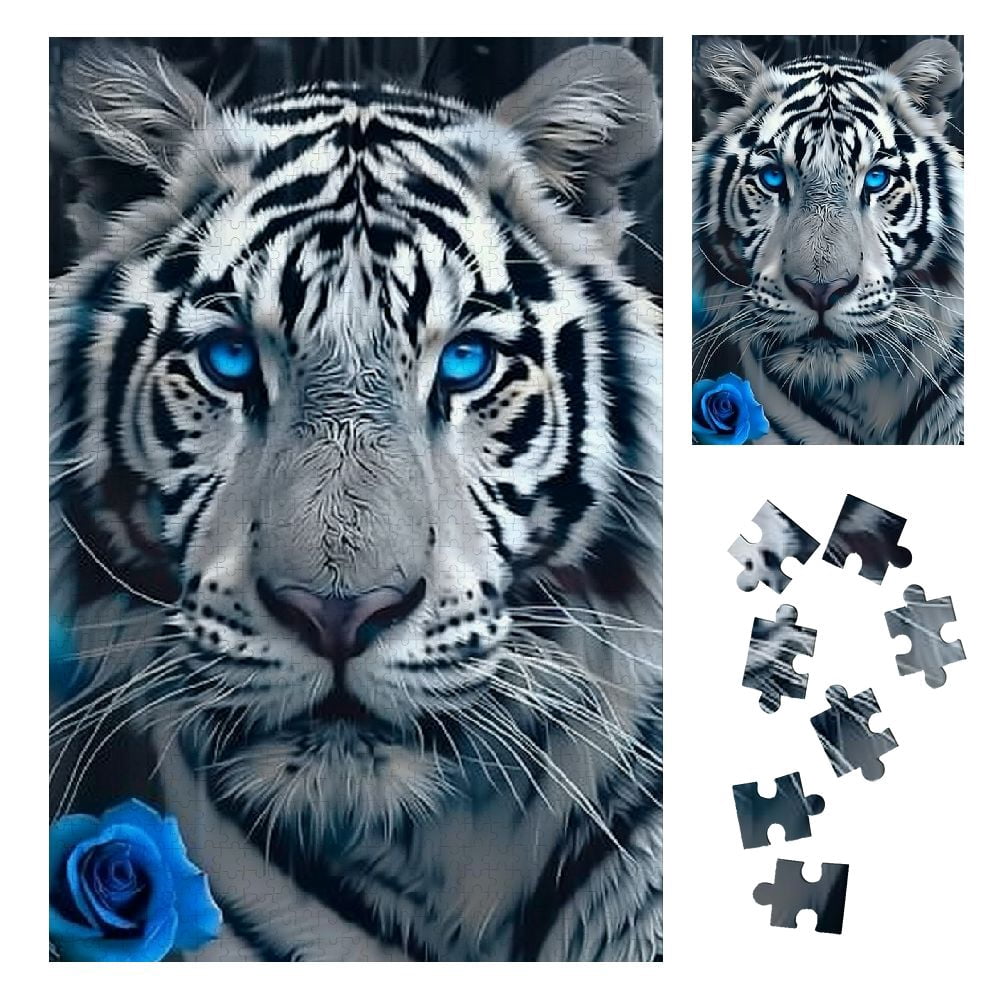 Shiartex White Tiger Blue Eyes Rose Wooden Jigsaw Puzzle for Family Friends, Premium Eco-Friendly Gift with Relaxing and Intellectual Challenge 1000PCS