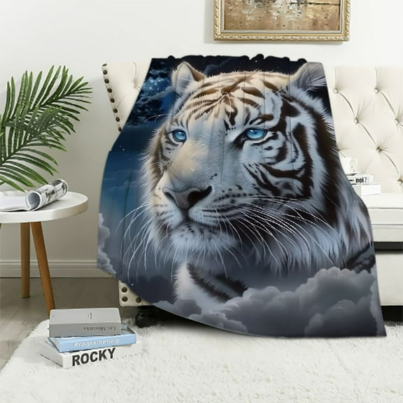 Shiartex White Tiger Print Throw Blanket for Bed Sofa Living Room Decor All Seasons Flannel Material Blanket 40x50in