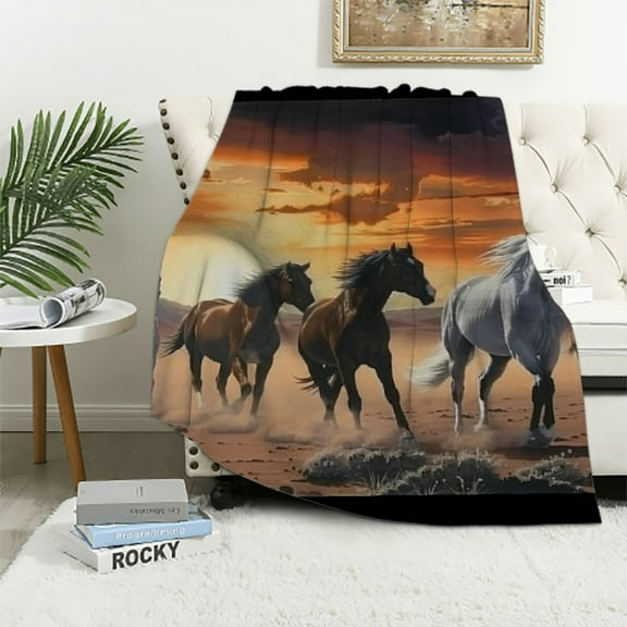 Shiartex Wild Horses Blanket Horse Blanket Throw for Boys Men Horses Running at The Beach Print Fuzzy Blanket for Couch Bed Throw TV Blanket Horse Lovers Gifts White