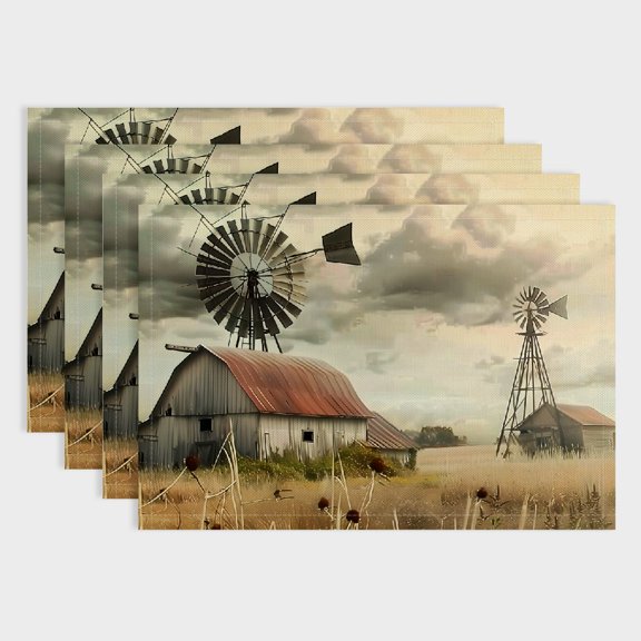 Shiartex Windmill Barn Field Theme 4-Piece Linen Placemat Set for Birthday Parties, Christmas, Restaurants, and Buffets 18x12in