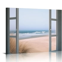 Shiartex Window Beach Picture Wall Art Window Frame Style Canvas Art Painting Poster Ocean Coastal Landscape Wall Decor Bathroom Living Room Relax Chic Home Decor 20x16 in/16x12 in