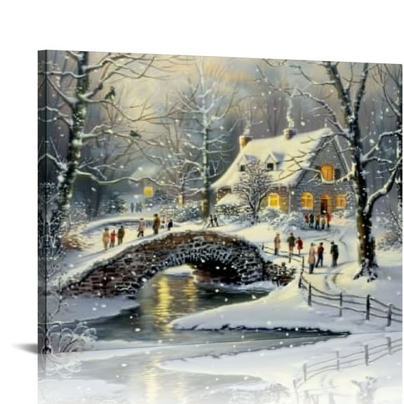 Shiartex Winter Frolic Canvas Wall Art Print, Winter Wonderland Painting, Christmas Home Décor, Vintage Snow Scene Holiday Artwork 20x16in