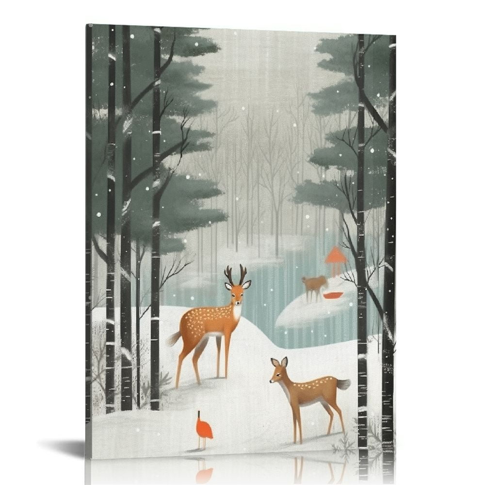 Winter Forest Animals Canvas Wall Art, 17x21 in, Off-White