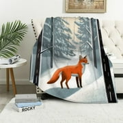 Shiartex  Winter Throw Blanket, Fox Walking into The Woods Forest on Snow Christmas Season Merry, Flannel Accent Piece Soft Couch Cover for Adults,Blue Orange