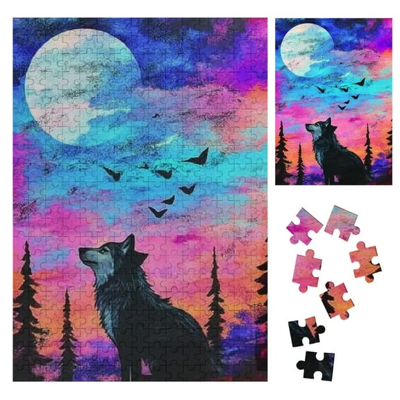 Shiartex Wolf Full Moon Night Wooden Jigsaw Puzzle Home Decor Gift for Family Friends 300PCS
