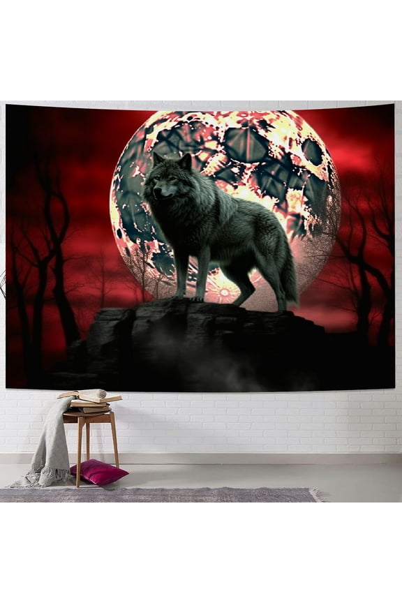 Wolf Tapestry, Cool Wolf Poster Black and White Gothic Forest with Red Moon Art Tapestry Wall Hanging for Bedroom Living Room College Dorm, Wolves on Mountain Trippy Tapestry 60x50inch