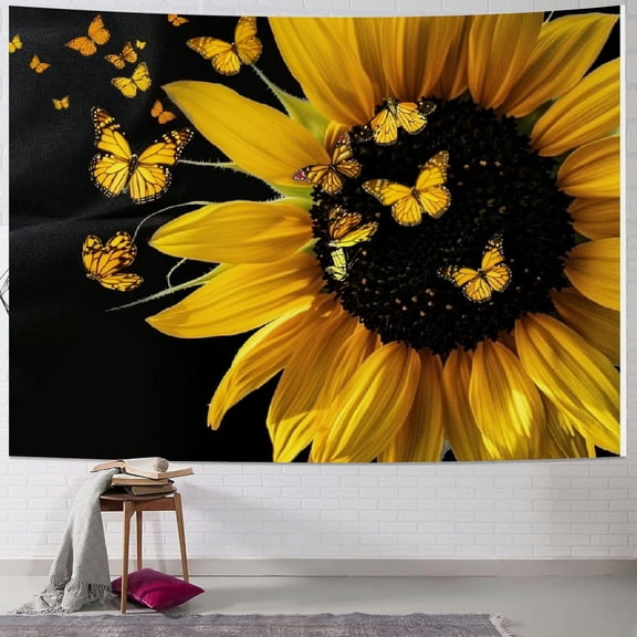 Shiartex Yellow Tapestry Sunflower Decor Rustic Wall Decor Farmhouse Girl Bedroom Wall Art Women Floral Decorations Butterfly Flower Country Wall Hanging Living Room Dorm Decor 60x50inch
