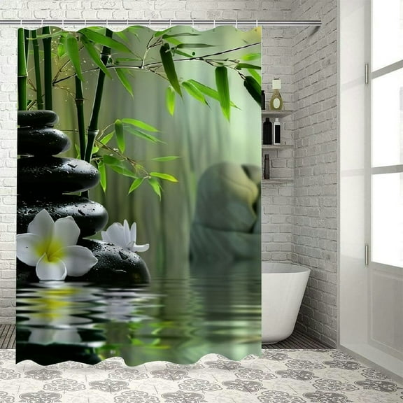 Shiartex Zen Garden Shower Curtain Spa Green Bamboo Black Stone White Flower Bathroom Decor Supplies Shower Curtains Sets Machine Washable Polyester Fabric with Hooks 69x72