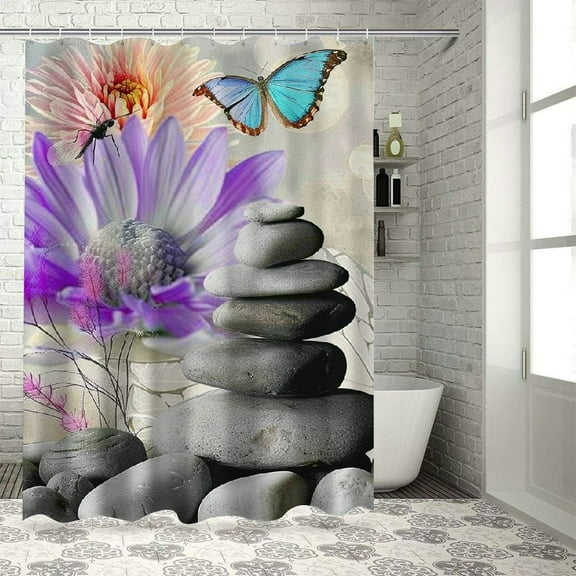 Shiartex Zen Spa Shower Curtain Zen Butterfly Lotus Shower Curtain Fabric Polyester Waterproof Relaxing Meditation Bathroom Curtains with Hooks 36x72