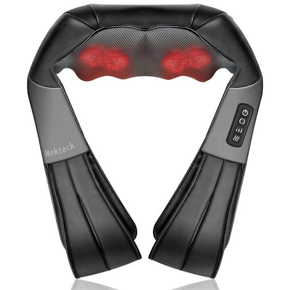 Nekteck Shiatsu Deep Kneading Massage Pillow with Heat, Car/Office Chair Massager, Neck, Shoulder, Back, Waist Massager Pillow [Speed Control, Bi-Direction Control] – Black/Grey