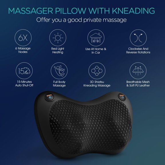 Shiatsu Neck and Back Massager with Heat - 3D Kneading Deep Tissue Massage Pillow for Lower Back, Shoulder, Calf, Foot