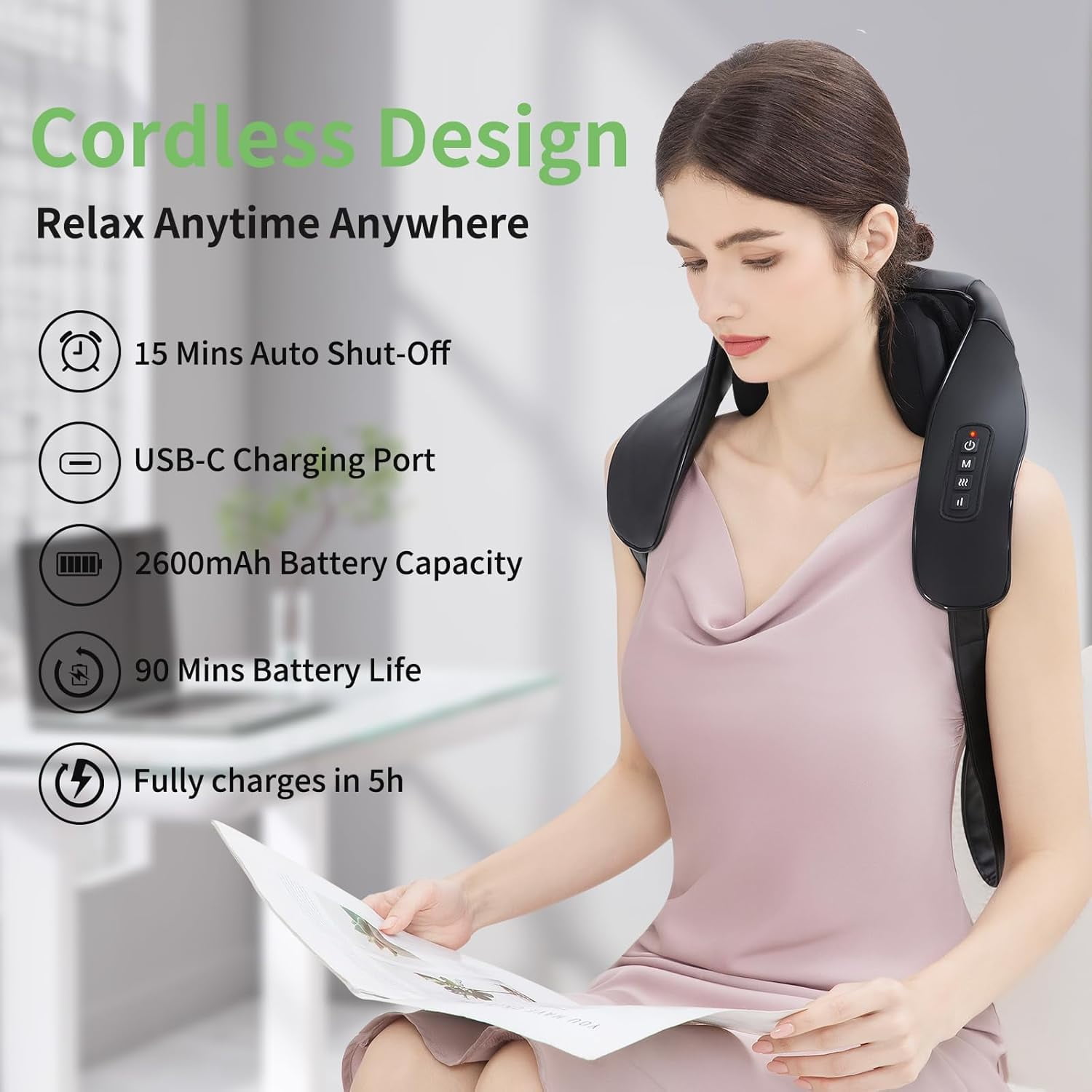 Shiatsu Neck and Back Massager with Heat, Upgraded 2600mAh Cordless Shoulder Massager Deep Tissue 6D Kneading