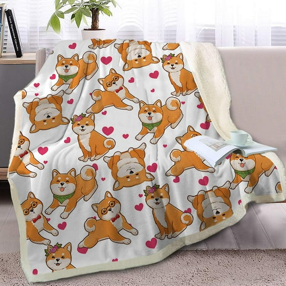 Shiba Blanket Cute Dog Heart Print Fleece Blanket Watercolor Pet Sherpa Blanket Throw Kids Girls Shiba Inu Throw Blanket Dog Lover Gift (50 x 60 Inches)