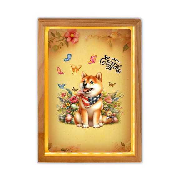 Shiba Inu Celebrates Spring and Enjoys a Happy Easter Acrylic Plaque with Wood Photo Frame Box Shibas Dog Lovers Gifts Idea Light Box - 02001