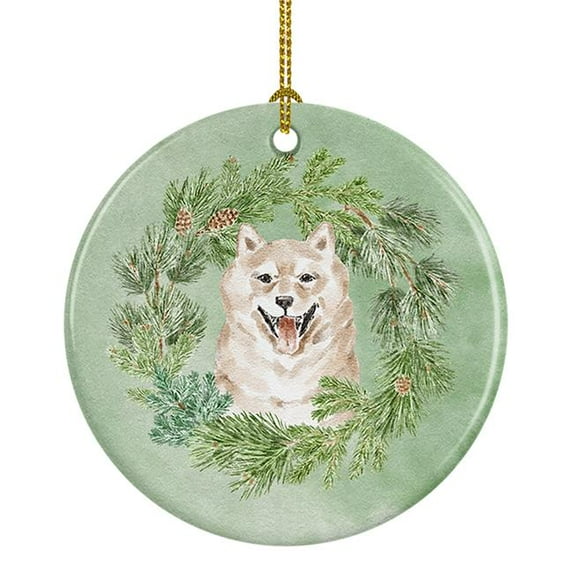 Shiba Inu Cream Christmas Wreath Ceramic Ornament 2.8 in x 2.8 in
