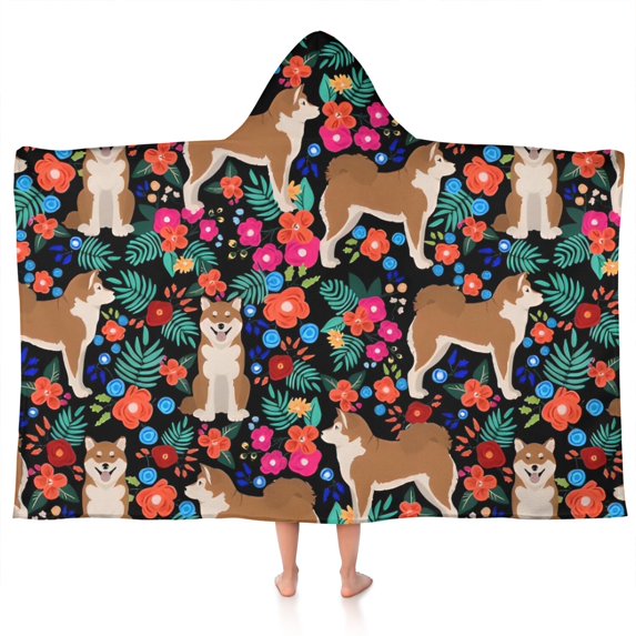 Shiba Inu Dog and Flower Floral Hooded Bath Towel,50"x30" for Ages 3 To 12 Kids, Quick Dry Lightweight Soft Microfiber Hood Beach Towel Cover Up for Kids