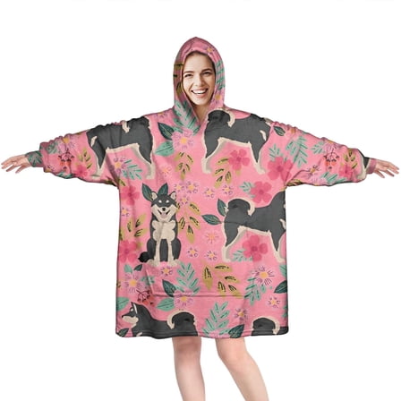 Shiba Inu Dog and Flower Floral Wearable Oversized Blanket,Wearable Blanket Hoodie for Adults,Cozy Hooded Blankets with Super Pockets,Super Warm Fuzzy Pullover for Women & Men