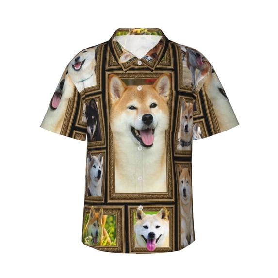 Shiba Inu Dog Men'S 3d Print Casual Button Down Shirts, Novelty Hawaiian Short Sleeves Xl