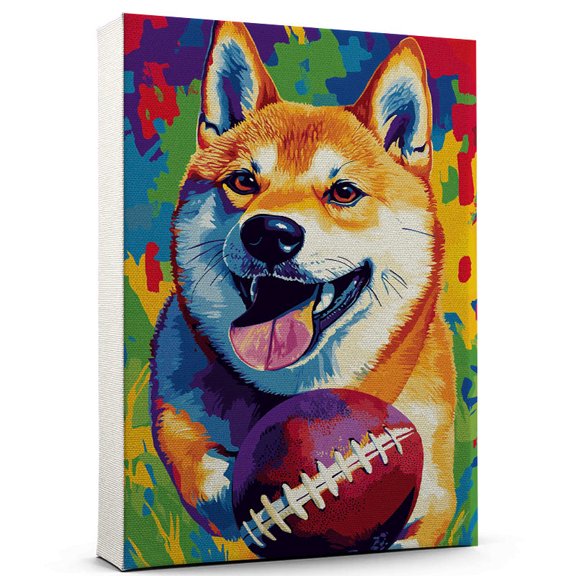 Shiba Inu Dog Playing American Football Canvas Canvas  Vintage Style Shiba Inu Dog Art for American Football Fans, Great Gift for Dog Owners