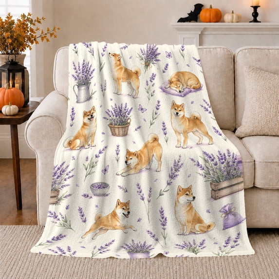 Shiba Inu Dogs with Lavender Crates and Watering Can, Playful Watercolor Garden Pattern for Dog Lovers, Pet Adoption Gift, Soft Flannel Blanket for Bedroom and Family Room, Cottage Home Decor