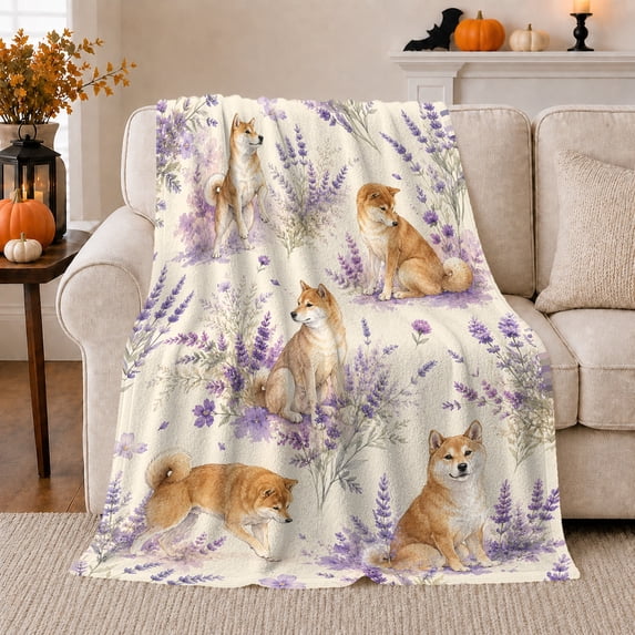 Shiba Inu Dogs in a Lavender Wildflower Garden, Serene Watercolor Botanical Pattern for Dog Lovers, Pet Adoption Gift, Soft Flannel Blanket for Bedroom and Sunroom, Cottage Home Decor