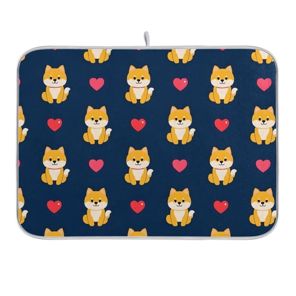 Shiba Inu Dogs and Heart Dish Drying Mat 16x18 Absorbent Microfiber Draining Rack Pad for Kitchen Counter Sink