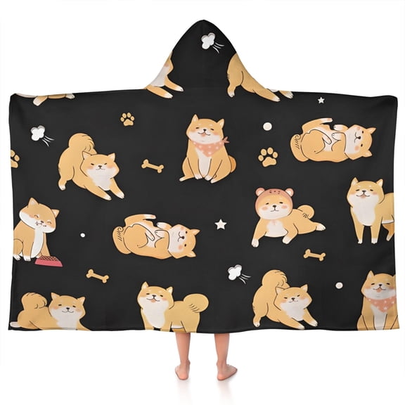 Shiba Inu Hooded Bath Towel,50"x30" for Ages 3 To 12 Kids, Quick Dry Lightweight Soft Microfiber Hood Beach Towel Cover Up for Kids